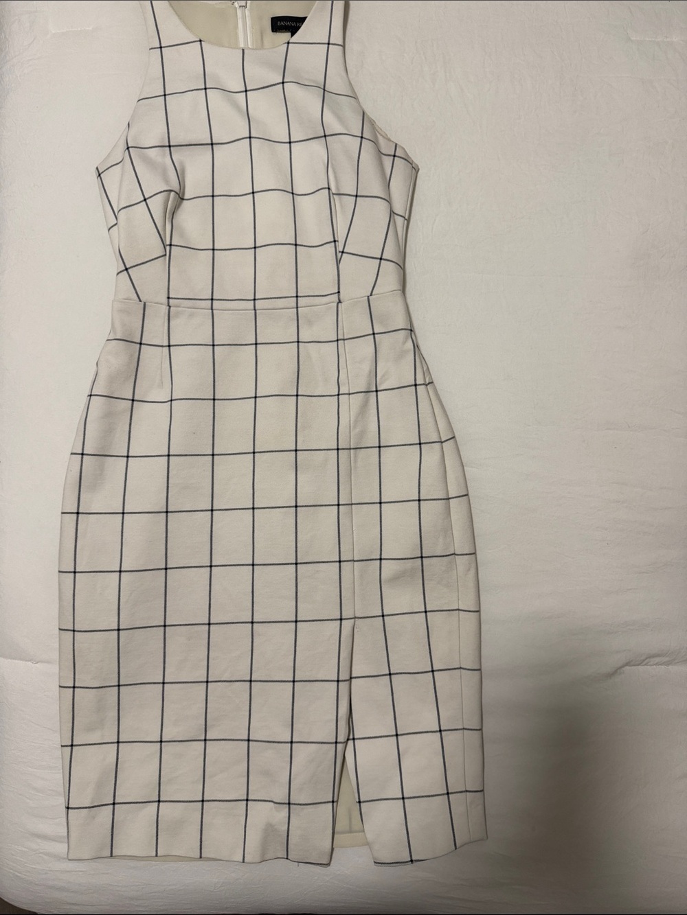 White Windowpane Sheath Dress - Strap Neck